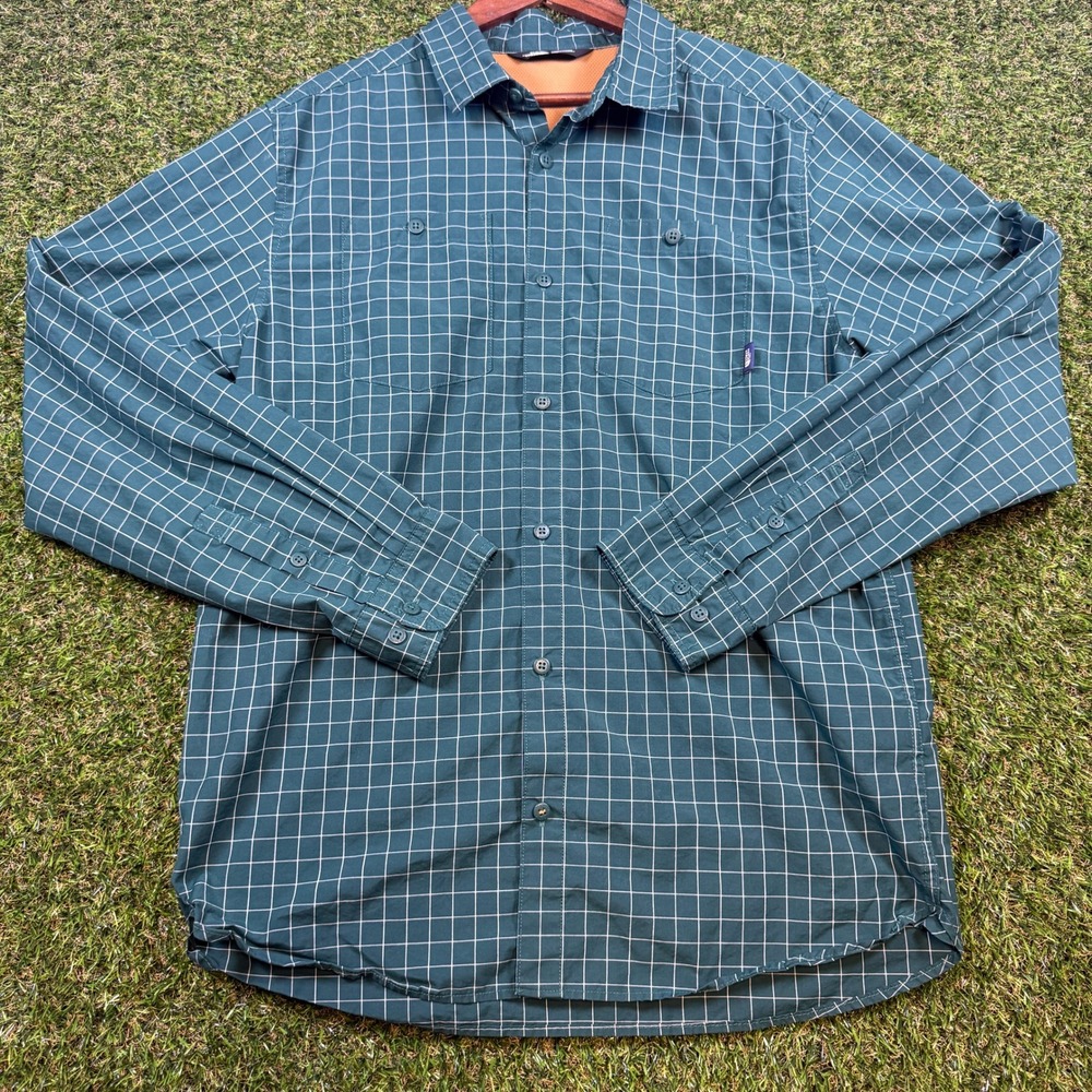 The North Face Mens Large Green Grid Button Down Long Sleeve Vented Hiking Shirt
